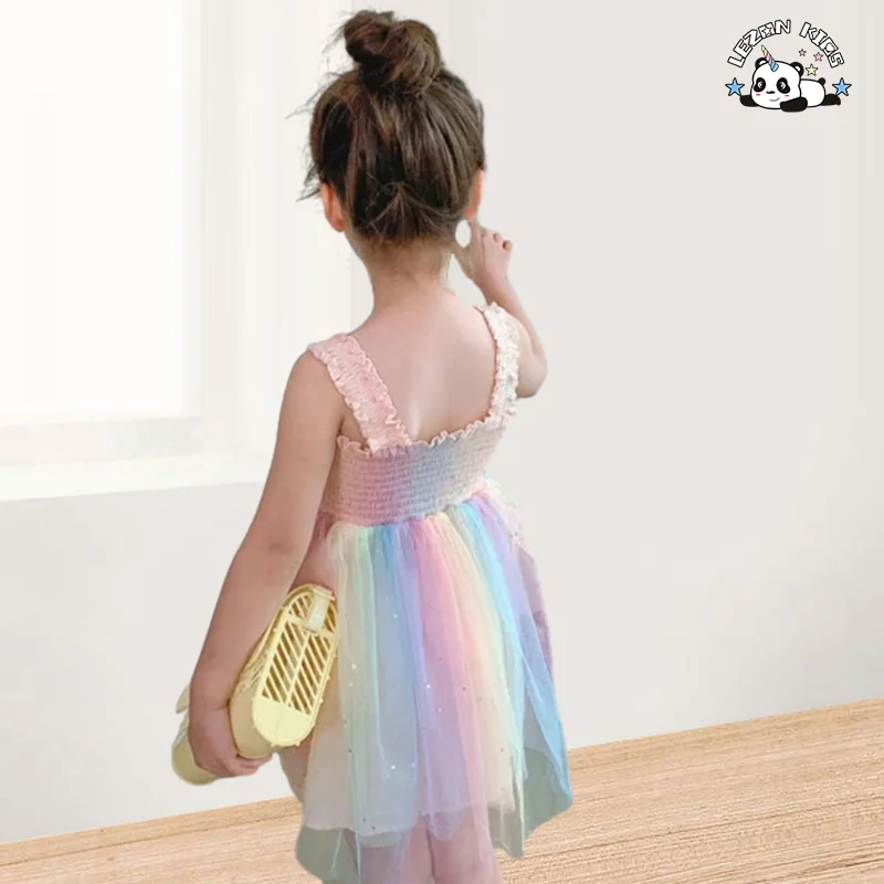 LEZONKIDS - 2024 High Quality Summer Sleeveless Girls Dress Rainbow Sweet Tulle Girls Dress Pressed Crepe Mesh Dress